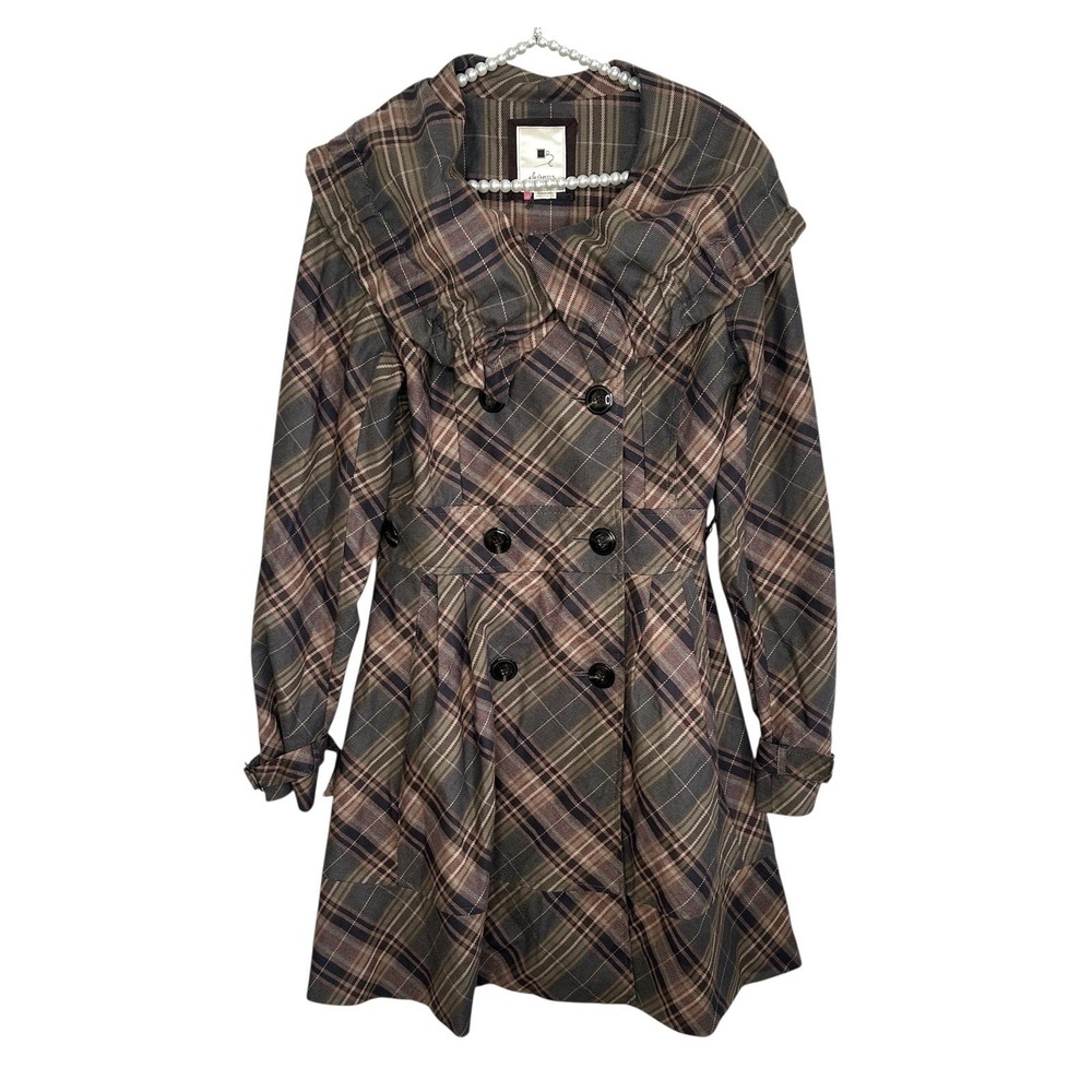 Anthropologie Elevenses Plaid‎ Trench Coat Y2k Preppy Sz 6 Academia Ruffle Retro
